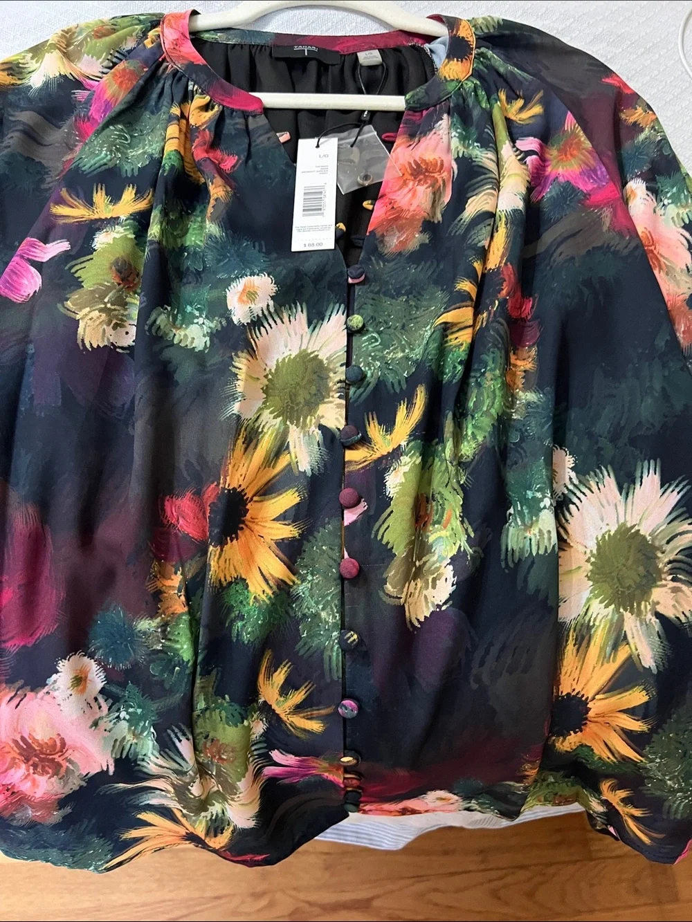 Tahari ASL Black Floral Button-Front Blouse with Multicolor Flowers